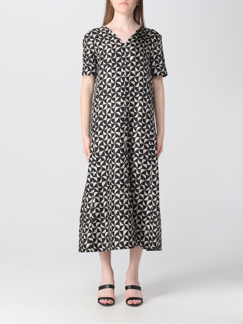 ’S Max Mara Silk Midi Dress US 2 Black Beige Geometric Print V Neck